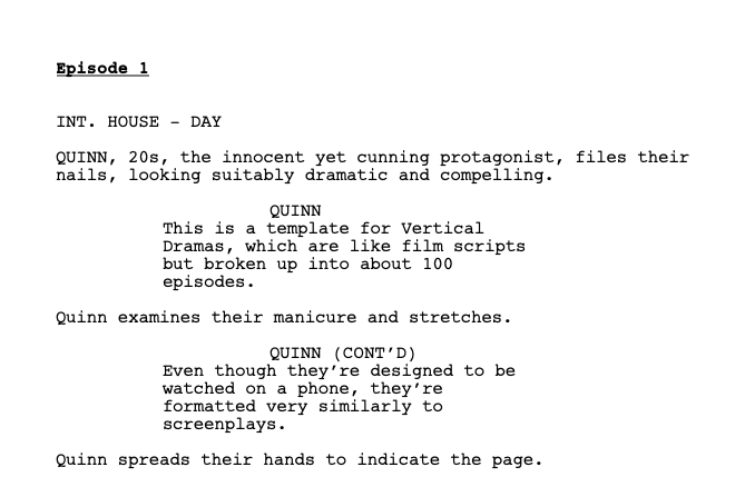 Episode 1 heading in the Micro Drama template, shown centered, bolded, and underlined above the opening scene