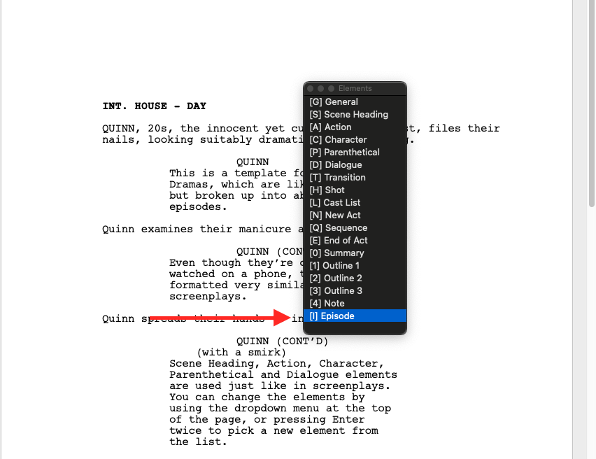 Final Draft Elements dropdown menu with the Episode element highlighted