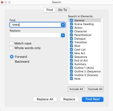 Search box highlighting the find and replace option