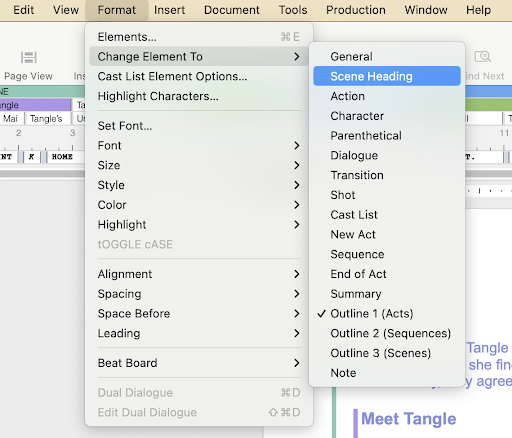 Dropdown menu from the Format option on the toolbar. Change Element To and Scene Heading options are highlighted
