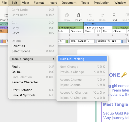Final Draft toolbar with the 'Edit' option selected, and 'Track Changes' highlighted revealing the option to 'Turn On Tracking'